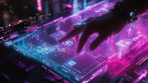 Touching the Glowing Futuristic Digital Glass Surface
