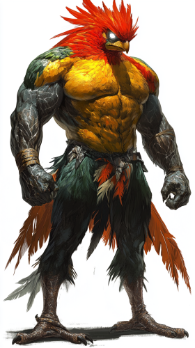 Towering figure with bodybuilder build, small bird head.