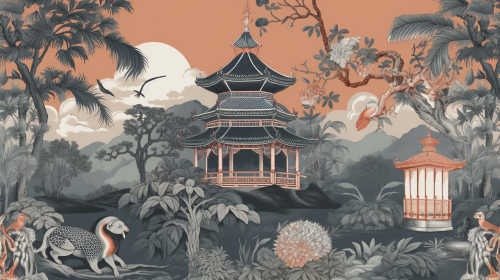 Traditional Asian scene with animals in jungle