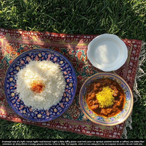 Traditional Iranian lunch table on green lawn