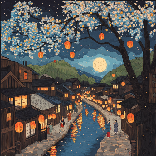 Traditional Japanese village at night with moonlight glow.