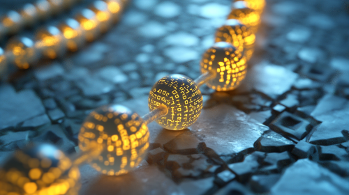 Traditional beads merge with glowing binary pattern