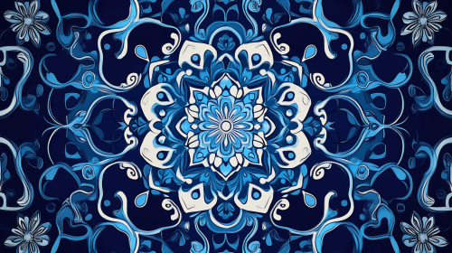 Traditional patterns with Korean designs, blue lines scattered centrally.