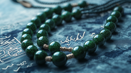 Traditional prayer beads with binary code on green beads