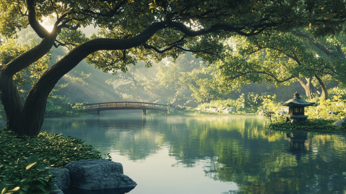 Tranquil Japanese garden pond reflects lush greenery