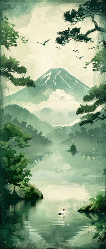 Tranquil Japanese landscape with Mount Fuji and cranes