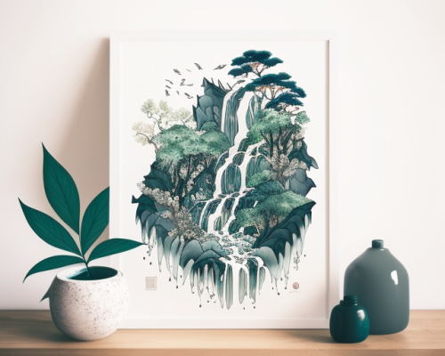 Tranquil Waterfall: James Jean & Hokusai Style