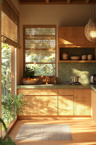 Tranquil Zen kitchen with bamboo elements and natural stone