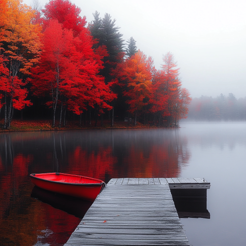 Tranquil autumn dawn at still lake with rowboat