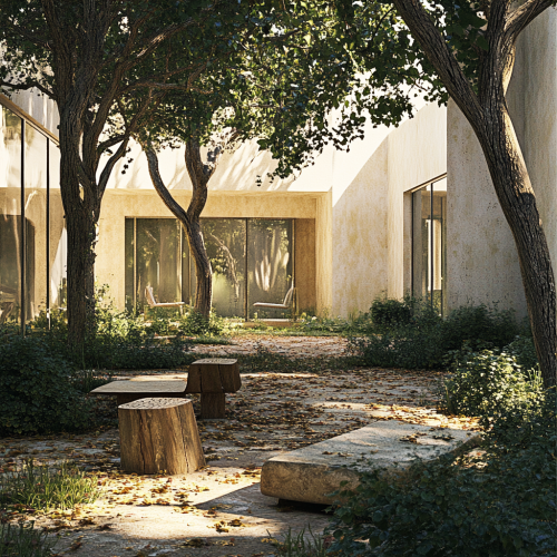 Tranquil forest corner at university with modern buildings