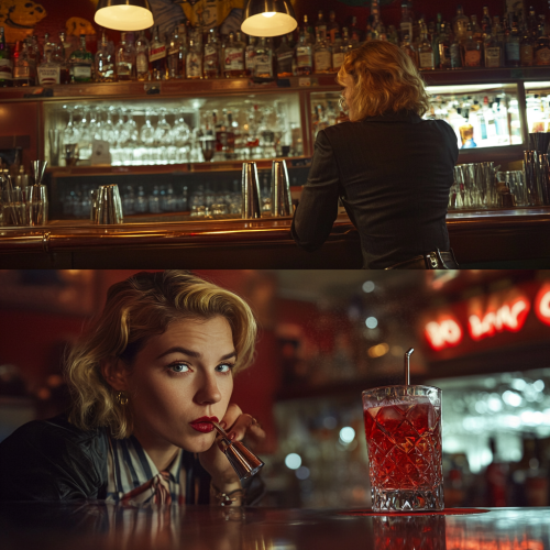 Trans woman enjoys Negroni while watching mixologist. Bar ambiance.