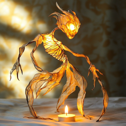 Translucent fire spirit puppet dances with flickering candle flame. Translucent fire spirit puppet dances with flickering candle flame.