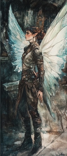 Translucent winged fey in leather armor exploring eerie city.
