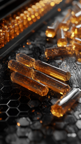 Transparent Sachets of Black Liquid Substance on Lab Table