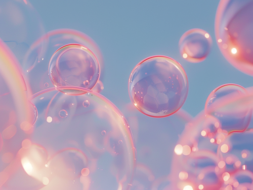 Transparent bubbles glow on soft blue background, dreamy.