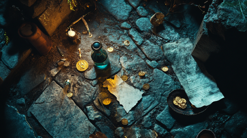 Treasure on Stone Floor in the Dark Night