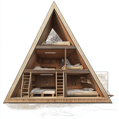 Triangle cabin nestled in mountainside with bunk bedroom view. Triangle cabin nestled in mountainside with bunk bedroom view.