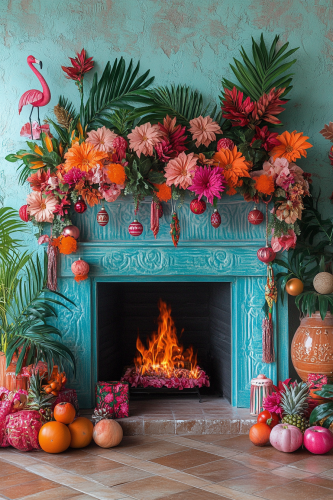 Tropical Christmas Fireplace Bursting with Festive Color