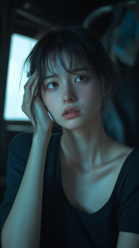 Troubled Model Influencer Cradling Head in Dim Room