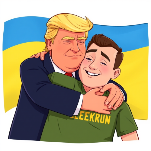 Trump hugs Zelenskyy with Ukraine flag backdrop.