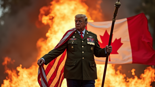 Trump in Army Uniform Emerges from Burning Canadian Flag