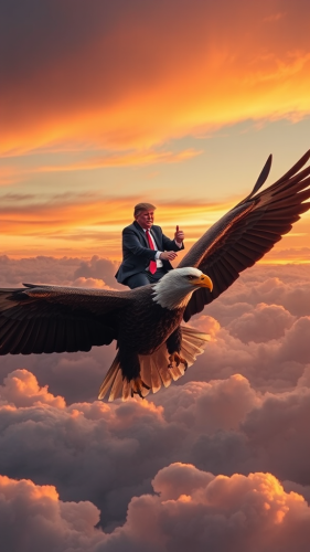 Trump on majestic eagle soaring in sunset sky. Trump on majestic eagle soaring in sunset sky.