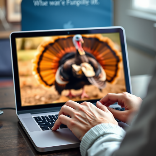 Turkey typing on laptop screen