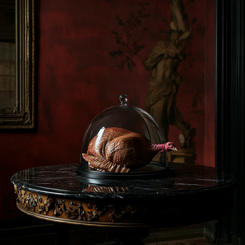 Turkey under glass dome on black table, red walls. Turkey under glass dome on black table, red walls.
