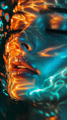 Turquoise and orange tones on woman's face, chaotic composition.