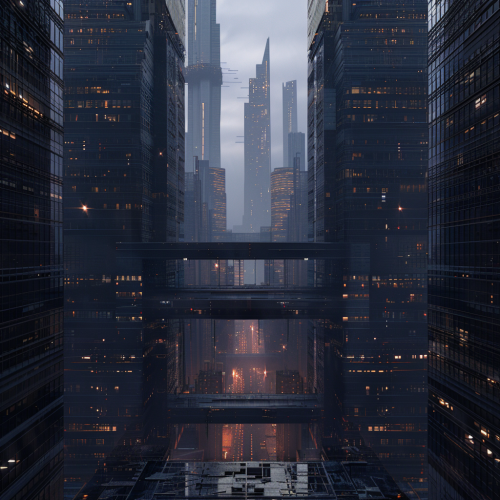 Twilight dystopian cityscape with towering megastructures in 8k.