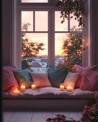 Twilight town view from cozy window seat