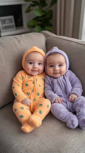 Twin babies in colorful costumes on the runway