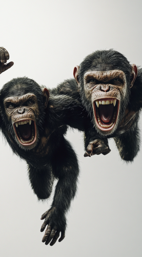 Two Angry Chimps Flying Towards Camera Together