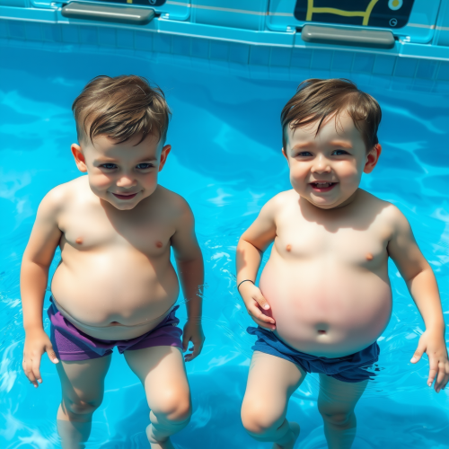 Two Brothers Playing in the Pool with Big Bellies