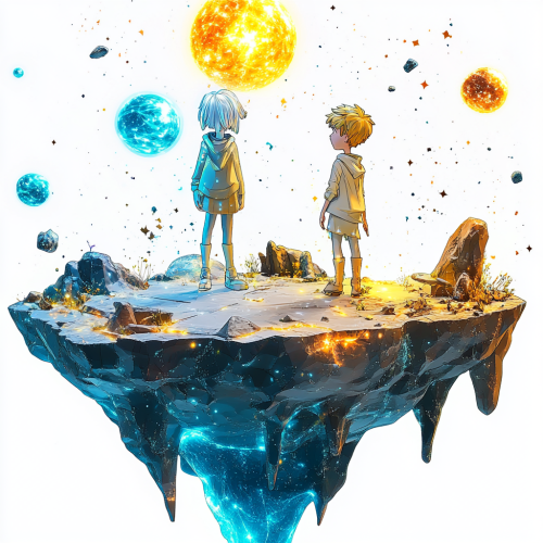 Two Children on a Pixaresque Floating Island in Space