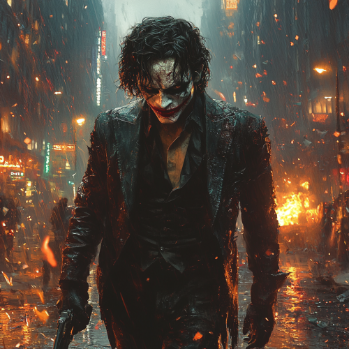 Two-Face in destroyed city street holding gun and coin.