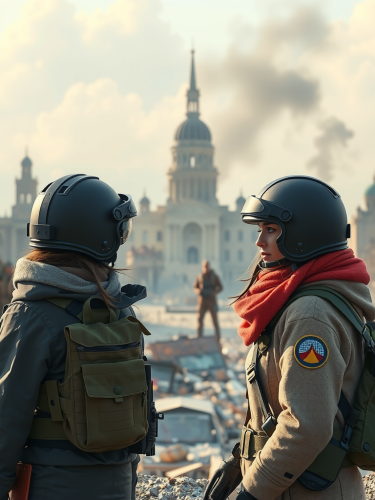 Two Female Soldiers Facing Destroyed City In VR