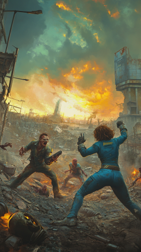 Two Vault-Dwellers Battling Zombies in Post-Apocalyptic City