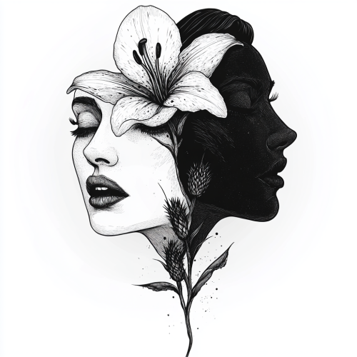 Two Women's Faces on Flower Stem Art Design