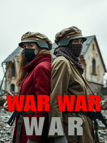 Two Women in War Masks at Ruined House