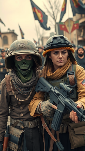 Two angry women soldiers in ravaged city.