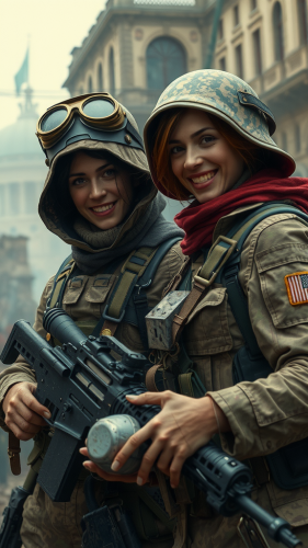 Two angry women soldiers playing in war-ravaged city.