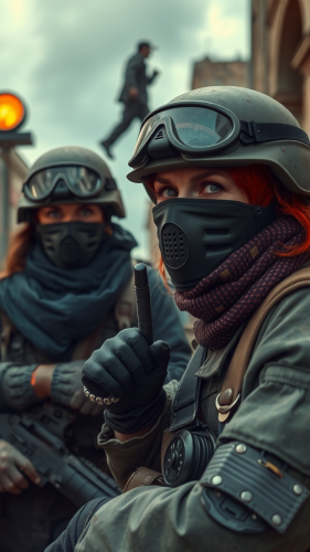 Two angry women soldiers wearing war masks in city.