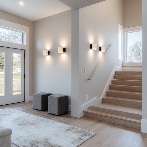 Two black wall lights in a modern house.