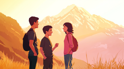Two boys and a girl talk by mountains