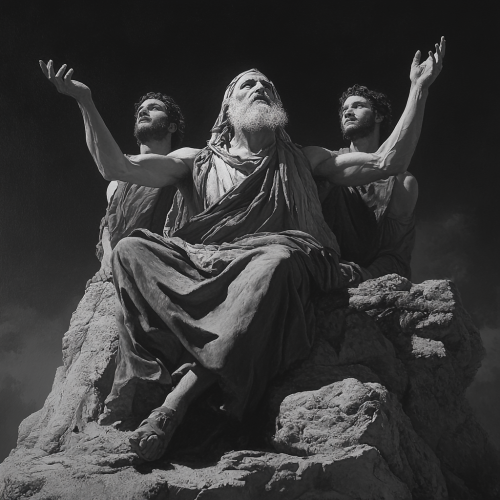 Two boys help Moses on cliff Two boys help Moses on cliff