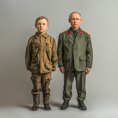 Two boys with Vladimir Putin faces, one taller.