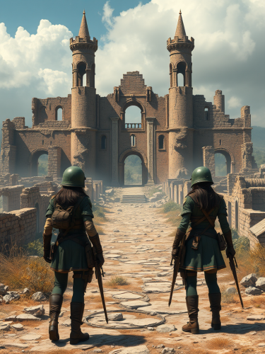 Two brave girls protecting a destroyed city.