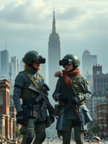 Two brave soldiers stand in front of destroyed city.