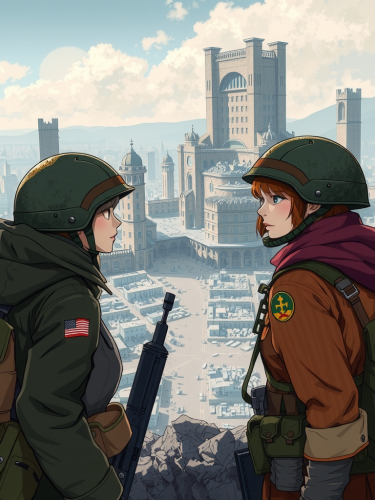 Two brave soldiers stand in front of ruined city.